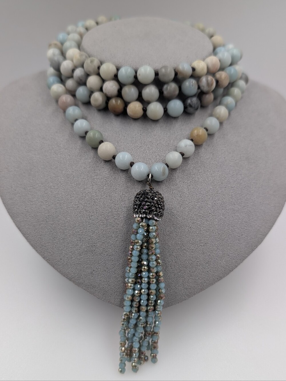 Natural Amazonite Knotted Mala Bead Tassel Necklace Pave Crystal 0703